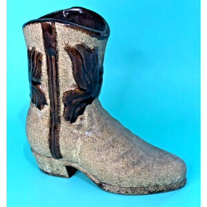 Vintage Cowboy Boot Pottery Planter Vase Made in USA Brown Sand Marked